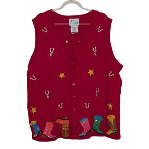 Quacker Factory Western Sweater Vest Womens Size 1X Red Cowboy Boots Horseshoe